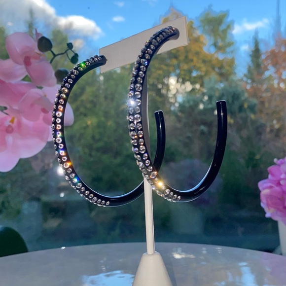 Large Acrylic Hoop Earrings, Oversized 80mm Swarovski Crystal Embellished Hoops - Picture 3 of 15